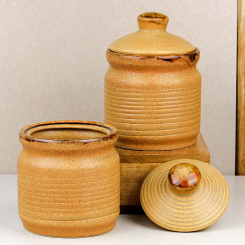 Brown Ceramic Pickle Jars Set of 2 (1000 ML Each) with Lid - The Earth Store - Multipurpose Jars